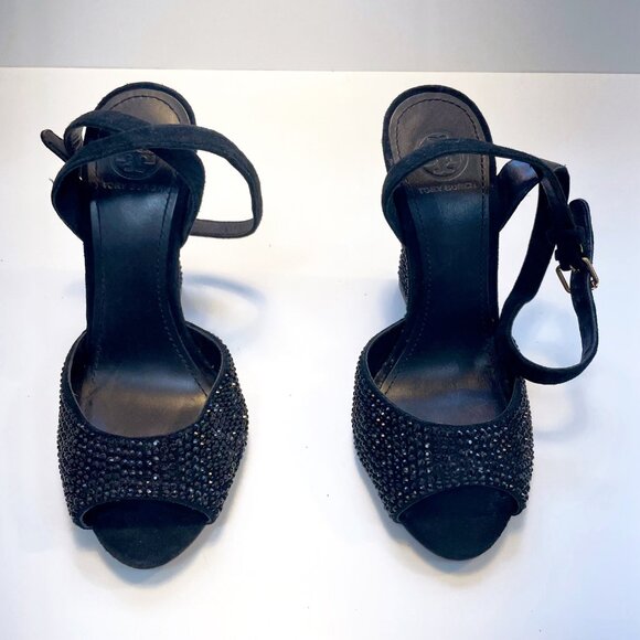 Tory Burch Black Lila Embellished Wedge Heels, Size 6 - Picture 4 of 10